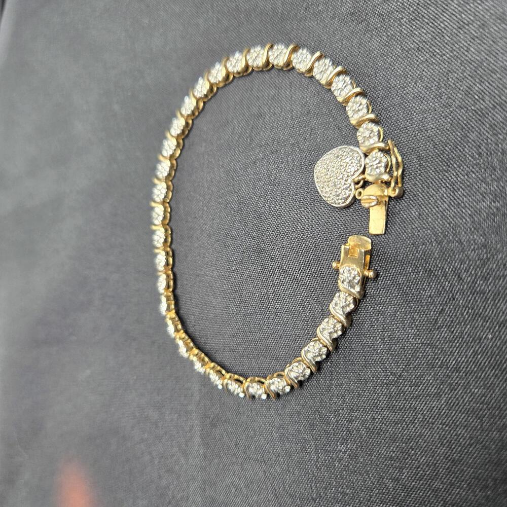 Ross-Simons Sterling Silver Vermeil Tennis Bracelet CZ Stones & Heart Charm, 7"